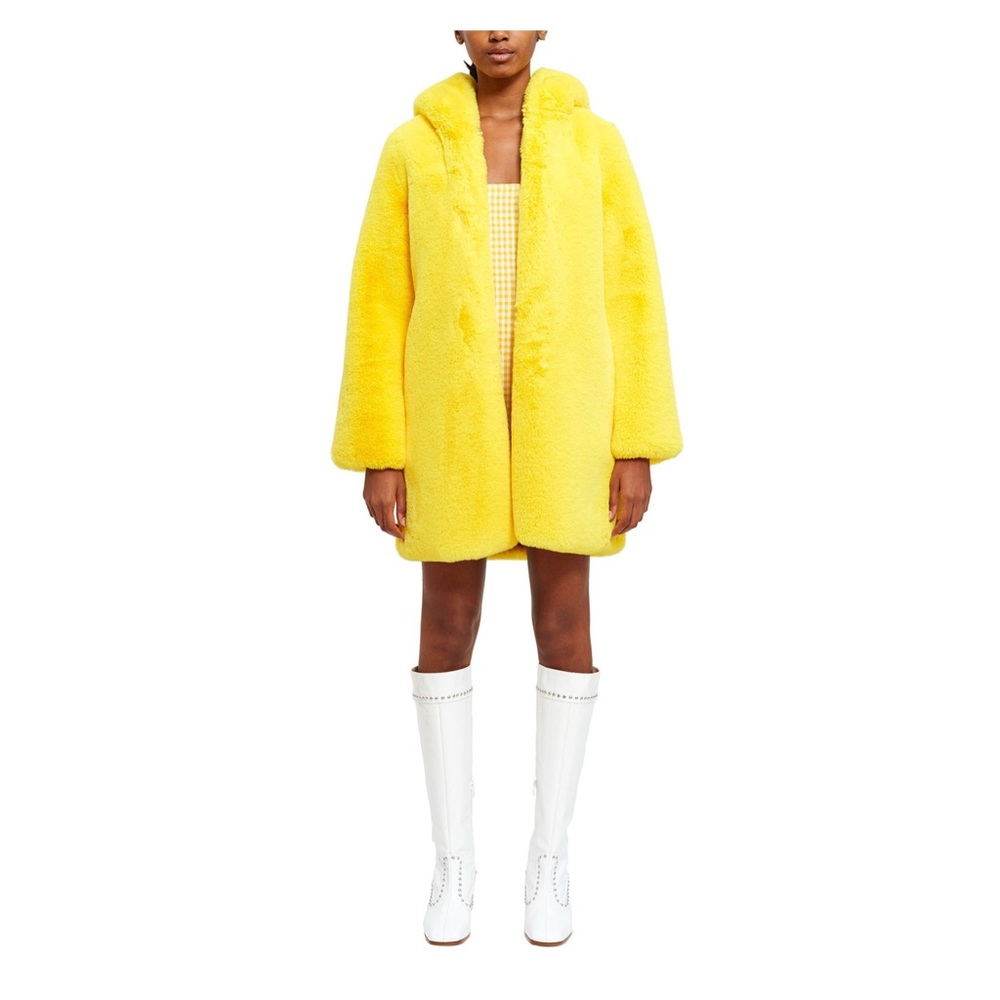 Lemonplet Yellow Coat Faux Fur Teddy Fuzzy Hooded Jacket Small Winter 🟡